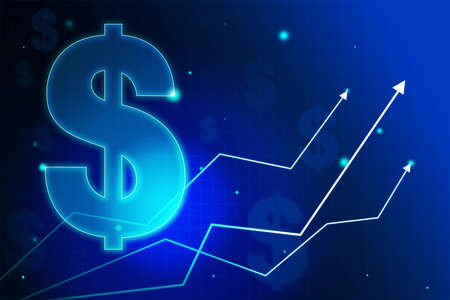 USD currency growing concept with digital dollar icon and arrows at abstract blue background. 3D renderingの写真素材
