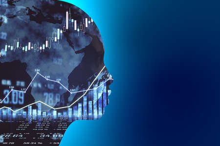 Artificial intellingence trade market concept with robot silhouette at blue background and forex...