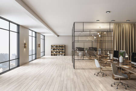 Spacious office with modern furniture, big window, wooden floor and separate cabinet with glass walls. 3D renderingの写真素材