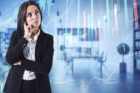 Trade market analysis with businesswoman in black suit and forex chart screen with financial graphs, candlestick and diagram. Double exposureの写真素材