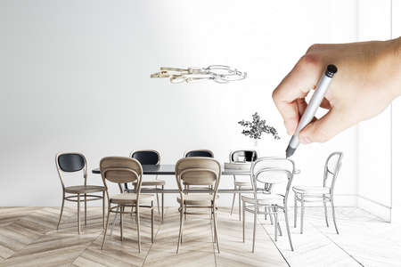 Unfinished interior design project of eco style leaving room with wooden furniture with blueprint and hand drawing sketchの写真素材