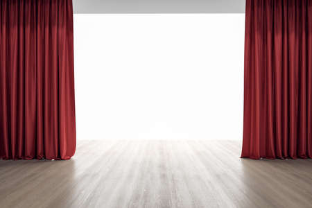 Empty performance stage with wooden floor and red curtains. 3D renderingの写真素材
