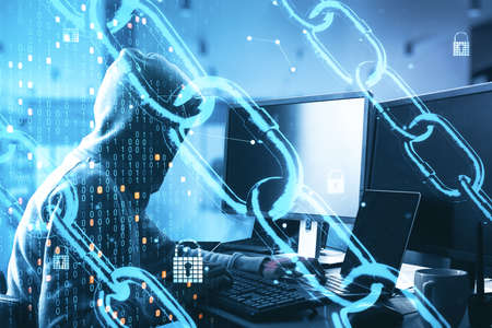Cybersecurity and global communication concept with digital chain, binary code and locks at hacker...