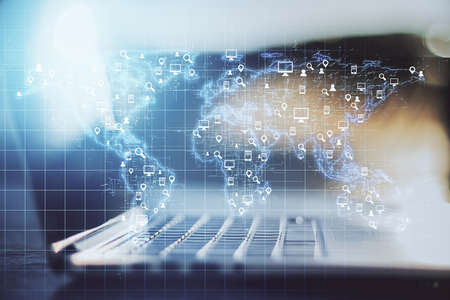 Global networking structure concept with digital screen with world map and social media icons at...