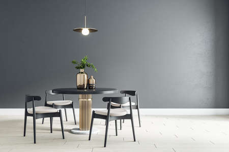 Black wall in modern dining room with black wooden furniture and light ceramic tiles floor. 3D...