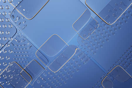Stylish light transparent wallpaper with glass elements and golden details on blue surface. 3D...