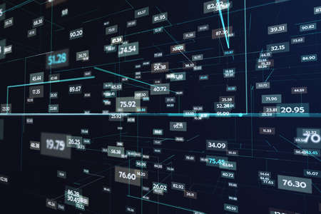 Big and statistic data concept with digital numbers and lines in virtual space on dark background. 3D renderingの写真素材