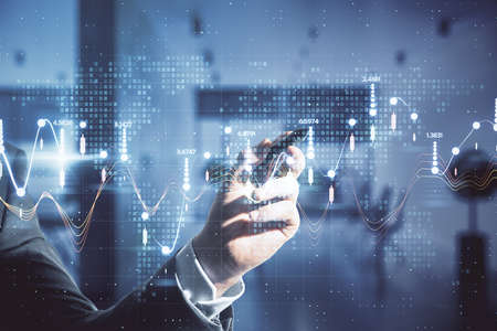 Big data analysis and analytics concept with businessman hand touching digital screen with statistic...