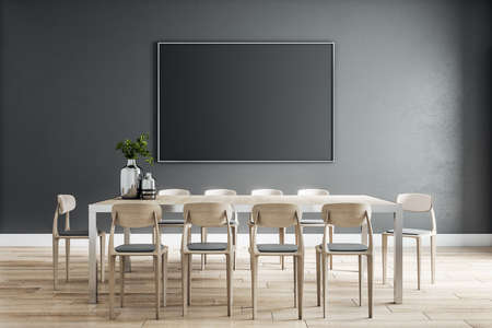 Black empty poster on dark wall in eco style dining room with modern wooden furniture and floor. 3D...