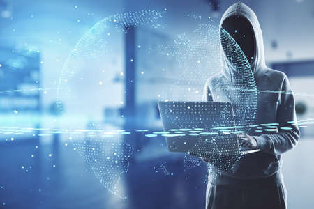 Data protection privacy concept with digital earth planet with satellite layout on backdrop with...