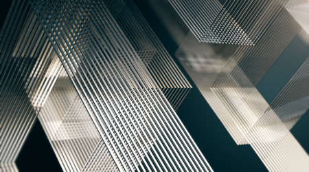 Abstract art backdrop with glass forms and striped elements. 3D rendering