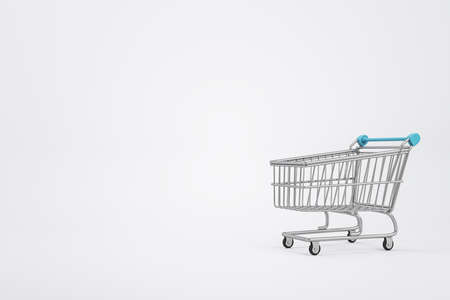 Empty supermarket shopping cart on light background with copyspace. 3D rendering, mockup