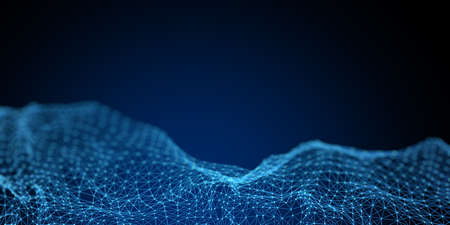 Dark empty background with digital blue net from glowing lines and dots. 3D rendering, mockup