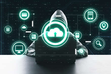 Data and cloud service security concept with hacker silhouette with laptop and virtual screen with...