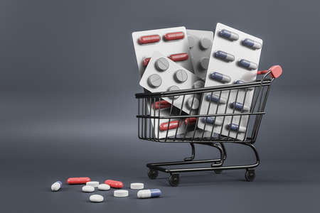 Health behaviors and pharmaceutical company business concept with black shopping cart full of assorted medicine pills on dark backdrop. 3D renderingの写真素材