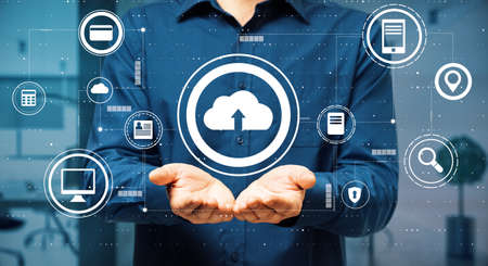 Data exchange concept with virtual cloud service buttons over man palms. Double exposure