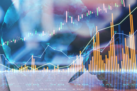 World trade market concept with digital screen with stock market quotes, financial graphs and human...