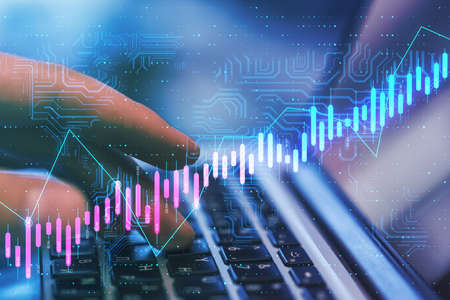 Algorithmic trading concept with virtual screen with growing stock market candlestick and circuit at...