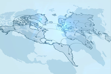 Worldwide network connection concept with two layers of countries outlined by blue lines connected by dotted lines. 3D renderingの写真素材