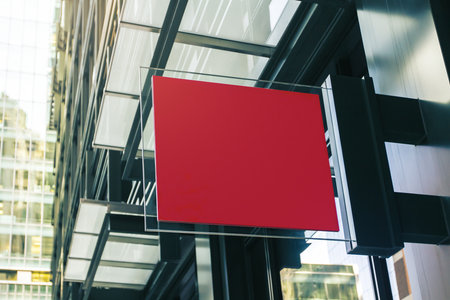 Red square sign with blank space for your logo on the wall of a modern business center, mock upの写真素材