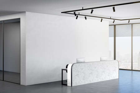 White office lobby with a blank white wall in the background, concrete floor, a window, white ceiling, a mirror, bright steel desk. Mock up, 3D Renderingの写真素材