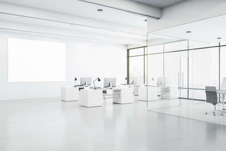 Blank white poster on light wall in modern office hall with white furniture, conference room with glass walls and city view. 3D rendering, mockupの写真素材
