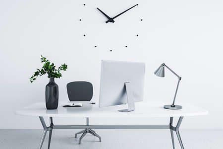Stylish workplace with modern computer and black vase on white gloosy table on white wall background...