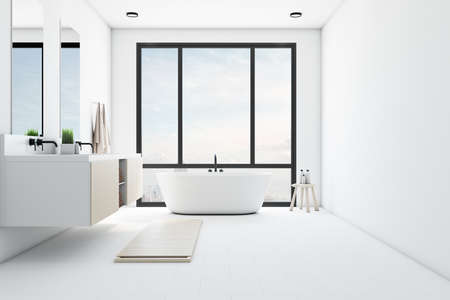 Modern white ceramic bathroom with a panoramic window, mirror, ceramic sink, tiles white floor, white walls and ceiling, 3D Renderingの写真素材