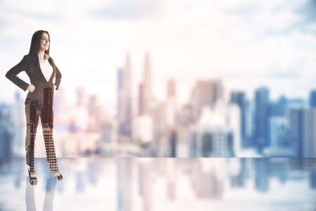 Success concept with businesswoman on glossy podium on megapolis city background with copyspace. Mock up, double exposureの写真素材