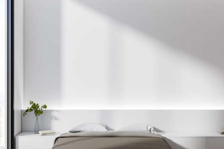 White blank sunny wall in eco style room with light furniture and brown bed blanket. 3D rendering, mock upの写真素材
