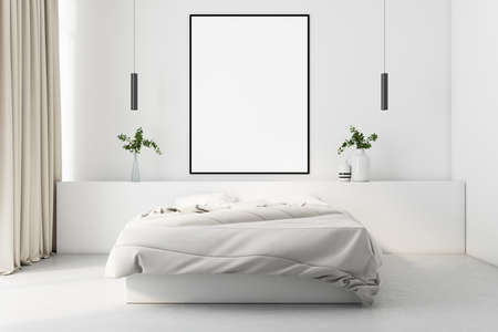 Modern cozy bedroom with white linen and a white wall with a blank poster in the background, concrete floor, white walls, daylight. Mock up, 3D Renderingの写真素材