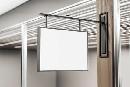 Blank white rectangle street sign in dark iron frame on dark wooden post at the entrance. 3D...