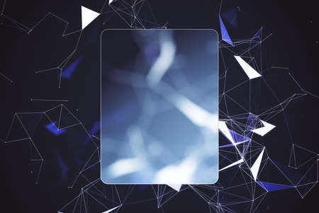 Matt transparent screen with rounded corners and copyspace on abstract dark background with chaotic geometrical lines. Mockup, 3D renderingの写真素材