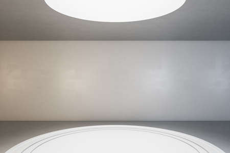 Part of blank white podium in empty hall room with concrete wall, floor and ceiling with big led light. 3D rendering, mockupの写真素材