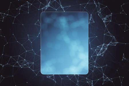 Blank matt blue rectangular screen with rounded corners on abstract dark background with chaotic geometrical lines. Mockup, 3D renderingの写真素材