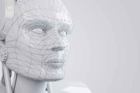 Robotics concept with stylish white robot head dummy on light blank backdrop. 3D rendering, mockupの写真素材