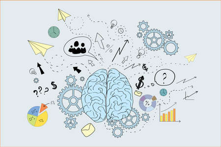 Brain icons sketch, blue, white, brainwork, brainstorm concept. 3d rendering
