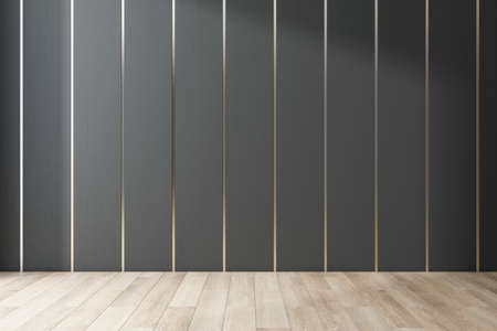 Blank dark wall separated by golden lines in empty room with wooden floor. 3D rendering, mock upの写真素材