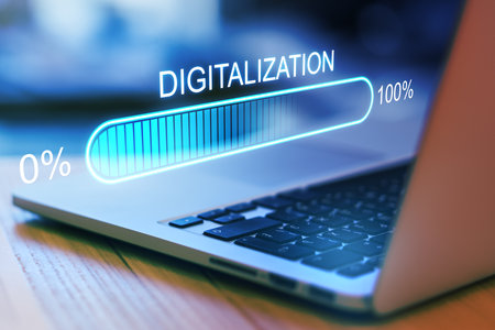 Digital world concept with hologram digitalization word and loading bar element icon on laptop...