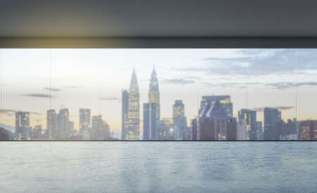City skyscrapers view from transparent wall in empty hall room with glossy concrete floor. 3D...