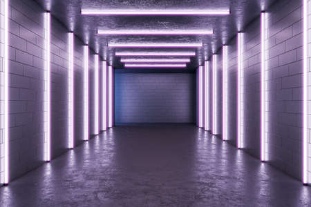 Empty corridor with a blank brick wall in the background, neon pink lights, concrete floor, urban showroom concept, 3d rendering, mockupの写真素材