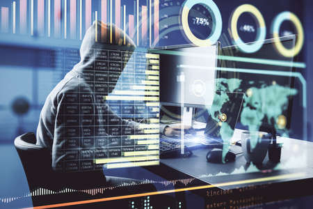 Data theft concept with hacker working on computer and digital interface with stats and big data...