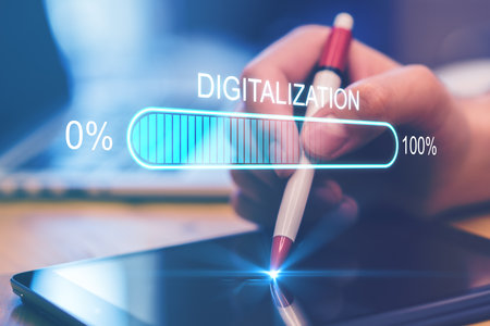 Digital world concept with hologram digitalization sign and loading bar element on man hand with pen...