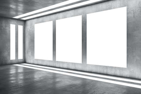 Gray wall with three blank white frames, empty room, artificially lit, concrete floor, interior...