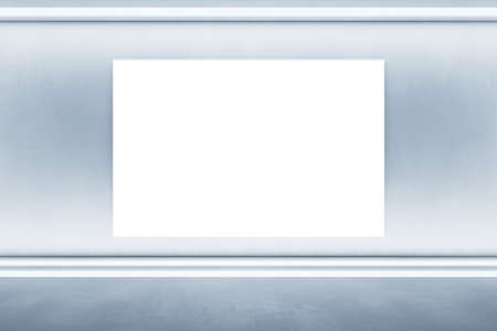 White concrete wall with a blank white poster, artificially lit, empty room, interior advertisement concept, mockup, 3d renderingの写真素材