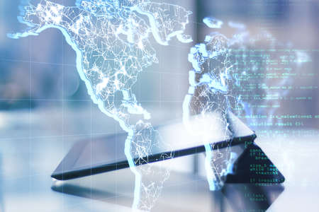 Data and communication network concept with lined world map and machine coding on virtual screen and...