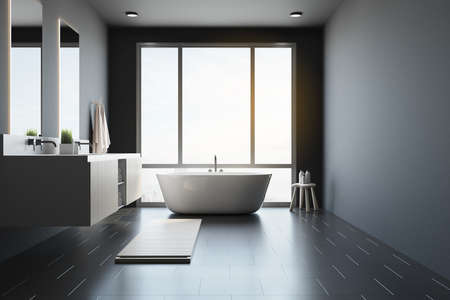 Stylish spacious bathroom with huge window near bath, mirrors and washbasins for two, dark wall, modern decoration elements and ceramic tales floor. 3D renderingの写真素材