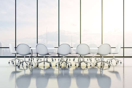 Stylish sunny meeting room with transparent conference table, white chairs and transparent wall instead window. 3D renderingの写真素材