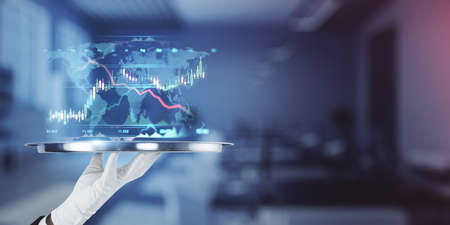 Global trading strategy concept with human palm in white glove with round tray and virtual world map...