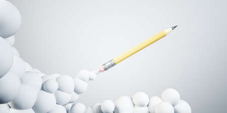 Launched pencil, clouds, white background, writing concept, 3d renderingの写真素材